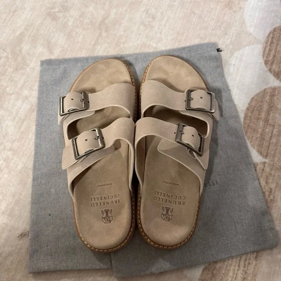 Brunello Cucinelli Taupe Double Buckle Sandals - Picture 2 of 6